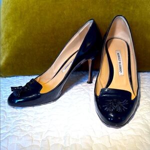 Manolo Blahnik Black Patent Leather Heels with Tassel Detail